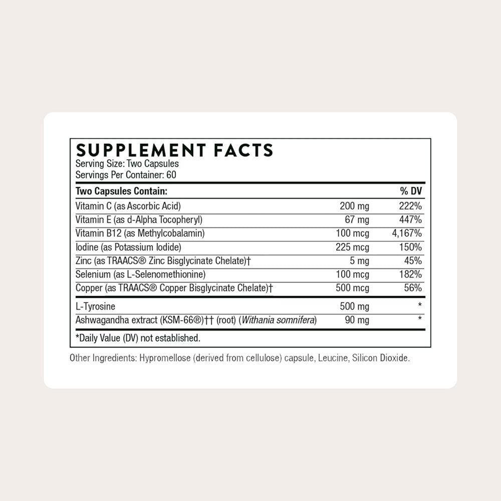 Thorne Thyroid Health supplement facts label on a beige background