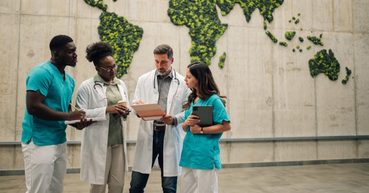Four medical team members talking in front of a large wall. Everyone looks at a file one doctor is holding.